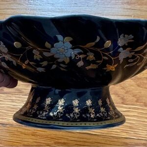 Vintage Hosyan porcelain footed navy blue and gold snack nuts fruit bowl size 6”